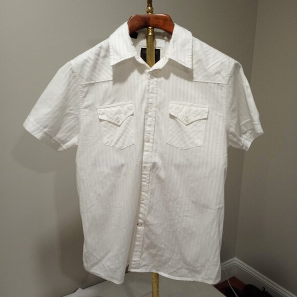 GUESS MEN'S SHORT SLEEVE SHIRT CREAM STRIATED 100% COTTON XL - Picture 1 of 6